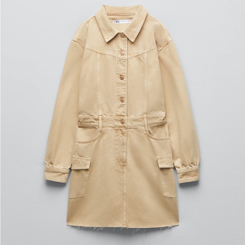 Zara dress denim jean long sleeve tan camel fall - Picture 9 of 12